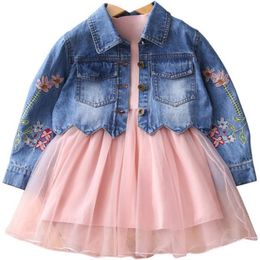 Spring Autumn Little Girls Clothing Set Child Kids Denim Jacket and Long Sleeve Dress 2 Pieces Set