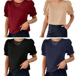 Women's T Shirts E15E Women Crewneck Keyhole Blouses T-Shirt Ruffle Puff Short Sleeve Casual Loose Top