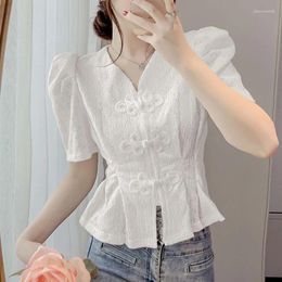 Women's Polos 2024 Summer Chinese Style Loose Casual Retro Clothing QIPAO Irregular Sweat V Neck Short Sleeve Chiffon Chic Tops