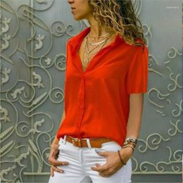 Women's Blouses Solid Color V-neck Button Short Sleeved Shirt Office Lady Red Cardigan Blouse Tops Femme Blusas Camicie