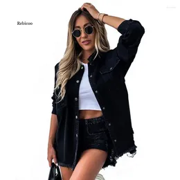 Women's Blouses Denim Shirt Long Sleeve Fashion Ripped Mid-Length Jeans Buttons Tops Boyfriend Loose Shirts Spring Autumn