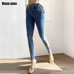 Women's Jeans Unua Amo Tight Female High Waist Bandage Stretch Skinny Pencil Pants 2024 Stylish Side Lace Up Sexy Slim Size S-5XL