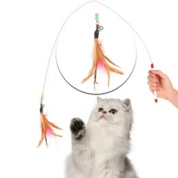 Accessories 1PC Tease Cat Stick Colourful Feathers Fishing Rod Style Stick With Bell Interactive Fun Toy Tease Cat Jumping Stick Pet Supplies