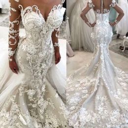 Wedding Flowers Mermaid Vintage 3D Dresses With Detachable Train Long Sleeves Lace Appliques Plus Size African Bridal Gown
