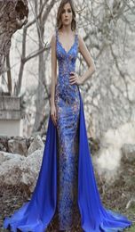 Royal Blue Mermaid Prom Dresses With Overskirt VNeck Beads Lace Applique Backless Evening Dresses Sexy See Through 2018 Prom Dres3918867