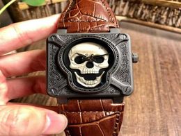Top BR01 Square Mens Watches Swiss Quartz Movement skull Carving Dial Luxury Watch Sapphire Crystal Super Waterproof Mens Wristwat5641268