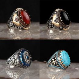 Wedding Rings Vintage Handmade Carved Turkish Signet For Men Inlaid Red Black Zircon Stone Trendy Islamic Religious Muslim Jewelry258m