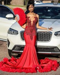 Ruby Red Sparkly Mermaid African Prom Birthday Gala Dresses For Black Girl Luxury Diamond Feahter Evening Ceremony Party Gown