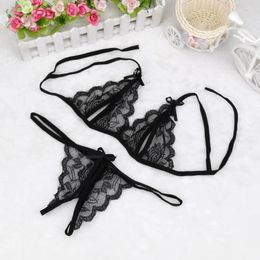 Bras Sets Lady Black Porn Sexy Lingerie Lace Suspenders Womens Crotchless Thong Bowknot Underwear Sexual Woman