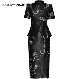 Work Dresses MARYYIMEI Summer Women's Suit Stand Collar Button Up Top Package Hip Split Skirt Chinese Style Embroidered Two Pieces Set