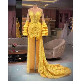 Dresses Train Yellow Prom Detachable Bright With Sheer Neck Long Sleeve Vestidos De Fiesta Lace Beaded Custom Made Women Evening Dress