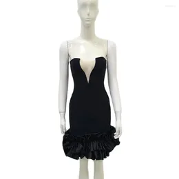 Casual Dresses Strapless Mini Bandage Fashion Short Slim Dress For Women 2024 Summer Chic Elegant Pleated Edge Black