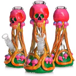 10 Inch Glass Bong Water Pipe 3D Hand Painting Skull&Mushroom Glass Dab Rig Hookah Smoking Bubbler 14mm Bowl