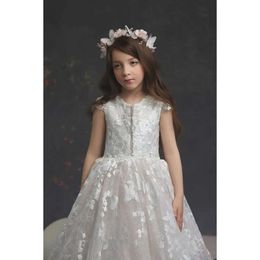 Appliques Cute Flower Lace Girl Birthday Dresses Party Wear For Wedding Sleeveless Floor Length Little Baby Pageant Gowns