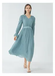 Casual Dresses Clear Sky Blue Double Layer Georgette Mulberry Silk Lotus Leaf Lace V-neck Flared Long-sleeved Waist Sweet Dress AE1658