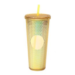 710ML/24OZ Large Capacity Water Cup Fully Studded Matte Tumbler Reusable Plastic with Wide Opening Leak-Proof Lid Straw 240425