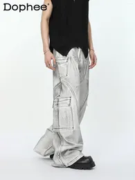Men's Jeans Spring 2024 Fashionable Denim Trousers Retro Pocket Mop Street Trendy Loose Comfortable Straight