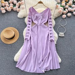 Casual Dresses Women Chic Purple Hollowed Out Long Sleeve Dress Autumn 2024 Style Ladies V-neck Slim Fitting Big Swing Pleated