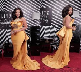 Plus Size Sexy Mermaid Prom Dresses African Scoop Neck Crystal Beaded Satin Celebrity Dresses Women Dusty Yellow Evening Gowns7577940