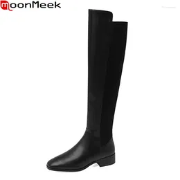 Boots MoonMeek 2024 Ladies Zipper Winter Woman Genuine Leather Over The Knee Square Med Heels Shoes