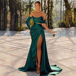 Prom Dresses Mermaid Backless Sexy Dark Green Satin Off Shoulder High Slit Evening Party Gowns Long Special Ocn Dress For Women