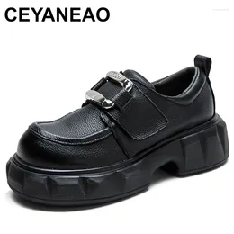 Dress Shoes Spring Women Platform Loafers Genuine Cow Leather Wide Head Wedges Literary Style Metal Thick Bottom