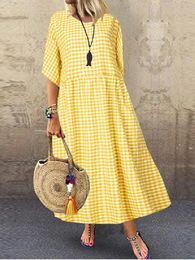 ZANZEA Women 2024 Summer Bohemian Maxi Dress Elegant Plaid Cheque Printed Robe Fashion Casual Holiday A Line Long Oversize 240419