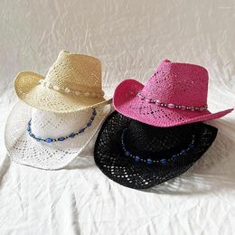 Wide Brim Hats Women Straw Cowboy Hat Hollow Out Foldable Summer Bead Decor Curled Edge Windproof Strap Western Style Outdoor Cap