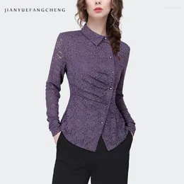 Women's Blouses Fashion Women' Skew Neck Purple Lace Shirt 2024 Spring Summer Tops Elegant Slim Hollow Out Floral Casual