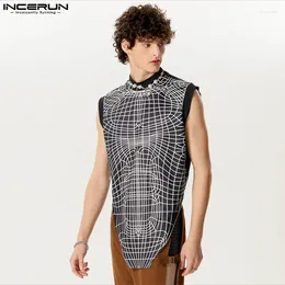 Men's Tank Tops INCERUN Men Irregular Printing Patchwork Turtleneck Sleeveless Casual Male Vests Streetwear 2024 Fashion Clothing