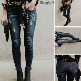 Women's Jeans Ripped Flanging Tight Pencil Pants High Waist Age-reducing Feet Trousers Tide Summer Stretch Cotton