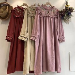 Casual Dresses Prairie Chic Women's Pastoral Dress Sweet Embroidery Ruffels Lace Doll Cotton Linen Midi Robe Longue Femme Vestidos