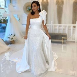 Dresses Glitter Evening White Sequined With Detachable Train One Shoulder Bow Mermaid Prom Gown Women Bride Long Reception Wear