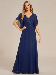 Party Dresses Elegant Evening V-neck Half Sleeves Top Applique Decoration 2024 Of Chiffon Navy Blue Mother The Bride Dress