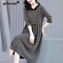 Casual Dresses Vintage Houndstooth Print Ruffled Elegant For Women 2024 Autumn Winter Fashion Loose Long Sleeve Midi Dress Vestidos