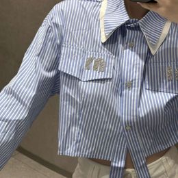 women shirt heavy industry splicing double-layer top collar hot diamond letter stripe long-sleeved shirts womens short high-waisted cardigan coat Shirt Asian size