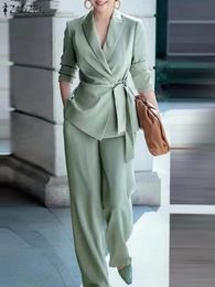 ZANZEA Elegant OL Work Suit Women Solid Blazer Wide Leg Pant Sets Fashion 2PCS Urban Tracksuits Ladies Office Outfits Oversize 240418