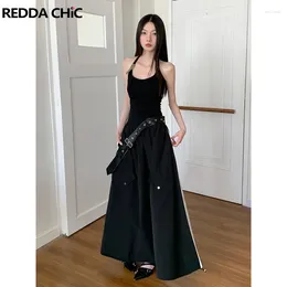 Work Dresses REDDACHiC Women Black Top Skirt 2-piece Set Solid Retro Y2k Sleeveless Halter T-Shirt Belt A-line Parachute Cargo Workwear