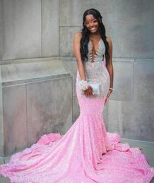 Rose Pink Sparkly Mermaid Prom Birthday Gala Dresses for Black Girl 2024 Luxury Diamond Crystal Velvet Evening Ceremony Gown