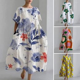 Casual Dresses Plus Size 2024 Autumn Floral Printed Women's Loose Button Fashion Streetwear Polyester V-Neck Pleated
