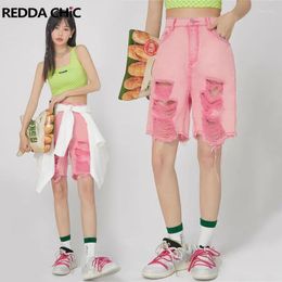 Women's Jeans REDDACHiC Fairycore Aesthetic Pink Denim Short Ripped Women Casual Wide Leg Pants Grunge Y2k High Waist Ladies Trousers