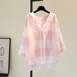 2023 blue Pink plaid cotton and linen hooded sunscreen womens summer loose shirt casual long sleeve blouse thin tops 240419