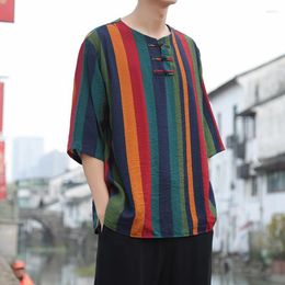 Ethnic Clothing Sinicism Men Hanfu Top For Spring/summer 2024 Traditional Tang Suit Striped Dial Buckle Five-point Sleeve Loose Casual Tees