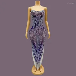 Stage Wear Female Dress Long Mesh Crystals Rhinestones Purple Performance Clothes Evening Party Celebration Sexy Slin Transparent StageWear