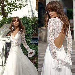 A-Line Dresses Arrival Sexy New V Neck Long Sleeves Lace Helpiques Bridal Dontrals Backless Sweep Train Dress Vestidos estidos