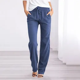 Women's Pants Casual Cotton Linen Pant 2024 Women Loose Solid Pockets Elastic Waist Straight Long Trousers Ladies Summer Elegant Office