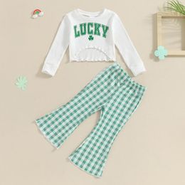 Clothing Sets CitgeeSpring St. Patrick's Day Toddler Girl Outfits Clover Letter Print Long Sleeve Pullover Stripe Flare Pants Clothes