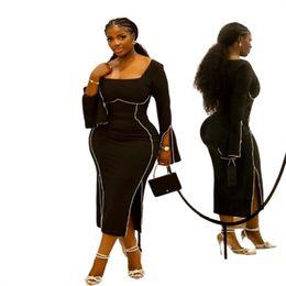 Schwarz ASO EBI atemberaubende Abendkleider 2024 Elegante Meerjungfrau Schwarze Mädchen Prom Kleider Langarm Split Plus Size Formal Kleid Urlaub Cocktail Partykleider