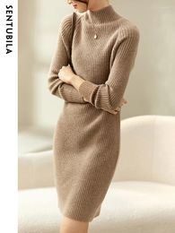 Casual Dresses Sentubila Turtleneck Sweater For Women 2024 Spring Autumn Long Sleeve Solid Straight Warm Fashion Knitted Dress Knitwear