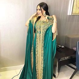 Pieces Moroccan Long 2 Caftan Evening Dresses Satin Kaftan Elkadi Algerian Golden Appliques Lace Muslim Prom Gowns Elegant Dubai Arabic Women Formal Party Dress